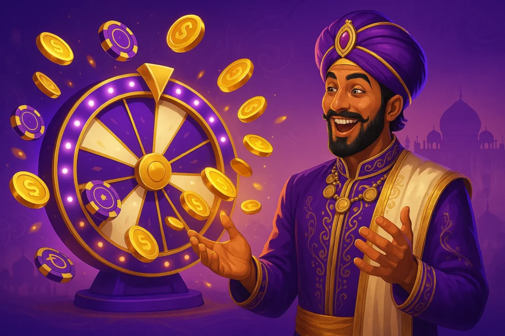 miling man in royal purple attire with a turban stands beside a golden casino wheel, surrounded by flying coins and chips, on a vibrant purple background.