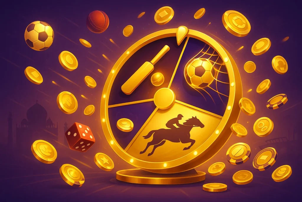 Golden betting wheel featuring cricket bat, soccer ball, and horse racing icons surrounded by coins, chips, and dice on a vibrant purple background.
