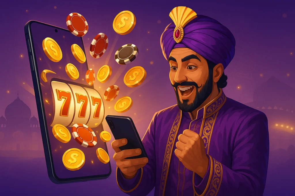 Excited man in royal purple outfit and turban holding a smartphone as golden coins, chips, and a winning slot machine with 777 symbols burst from the screen.